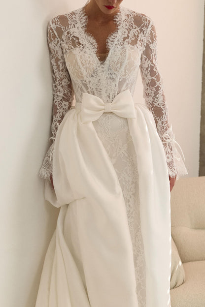 Lace Long Sleeve Wedding Dress with Bow Overskirt