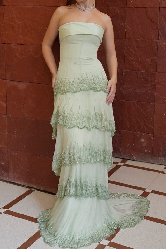 Strapless Tiered Beaded Evening Gown