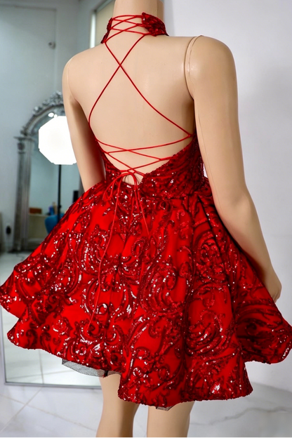 High Neck Sequined Halter A-Line Mini Dress