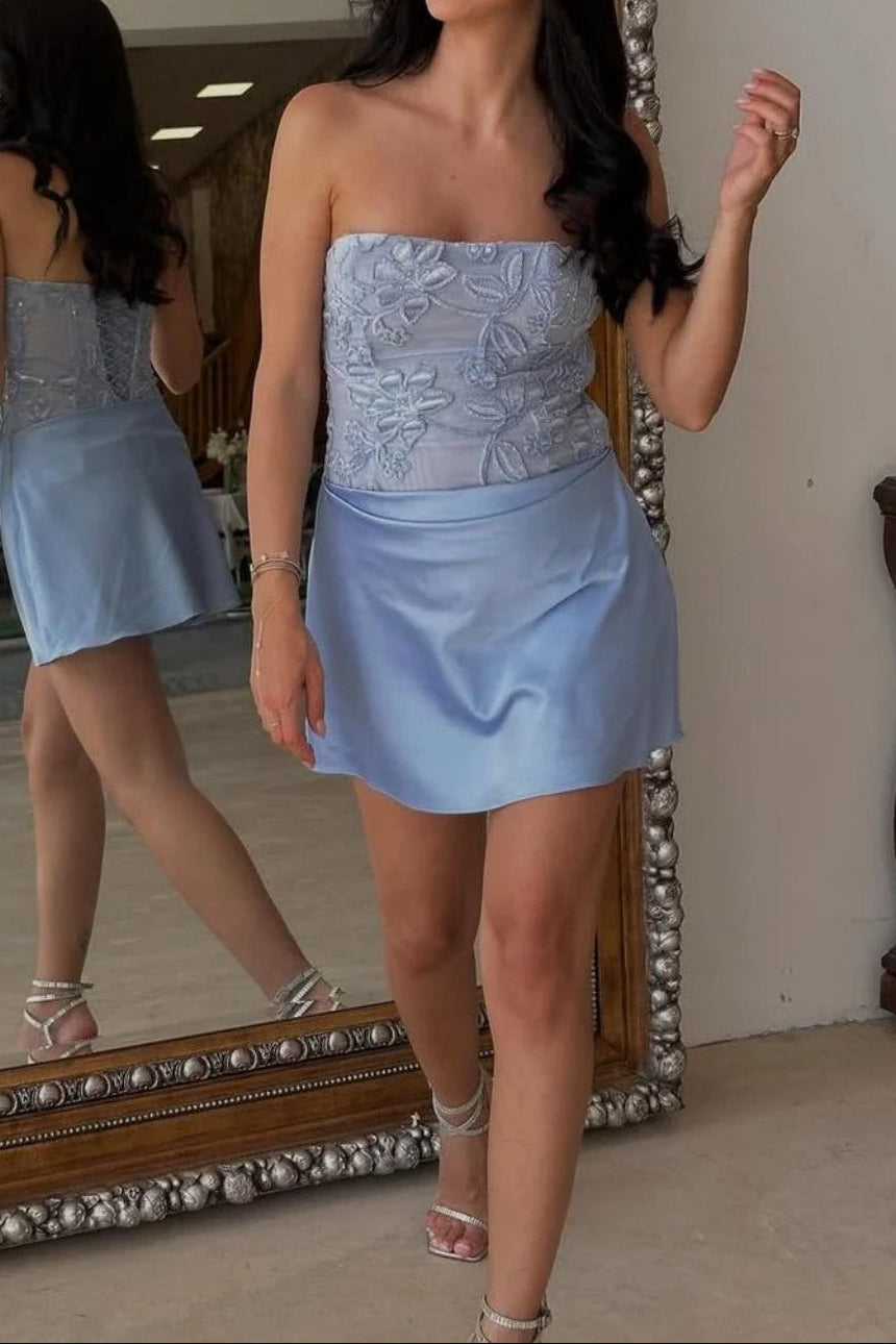Strapless Lace Bodice Satin Mini Dress