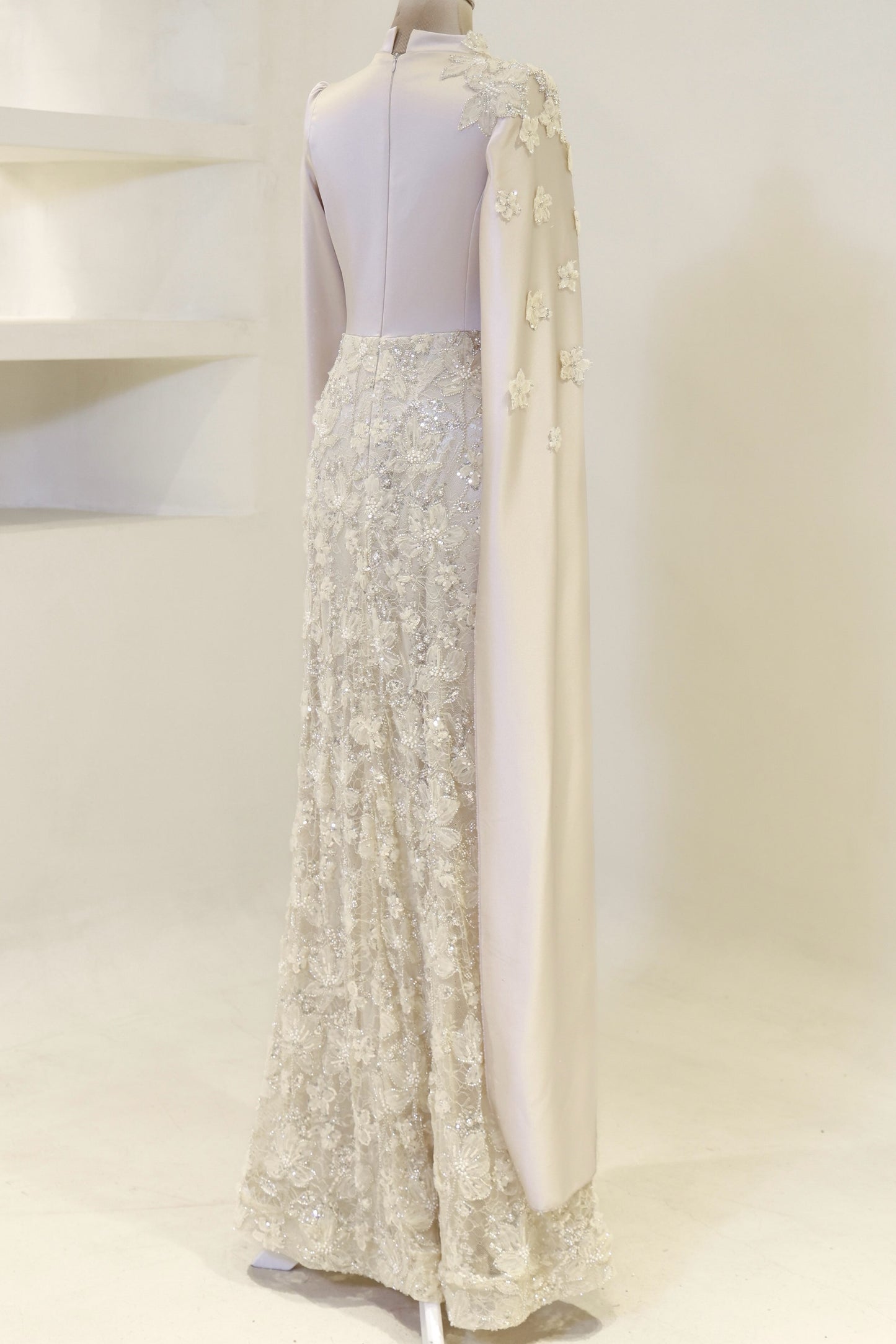High-Neck Long-Sleeve Evening Gown with Floral Cape