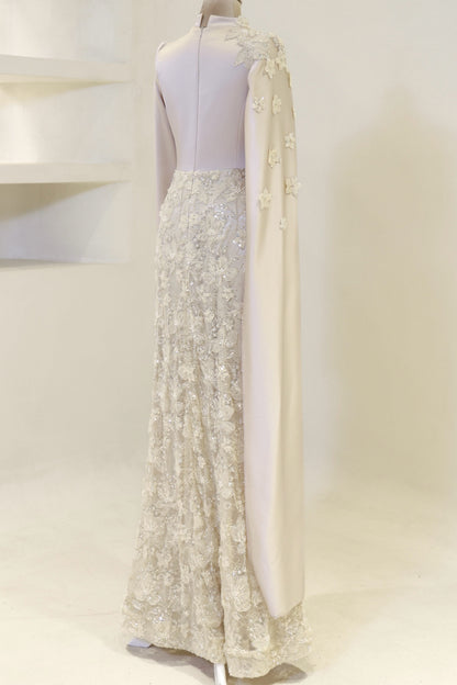 High-Neck Long-Sleeve Evening Gown with Floral Cape