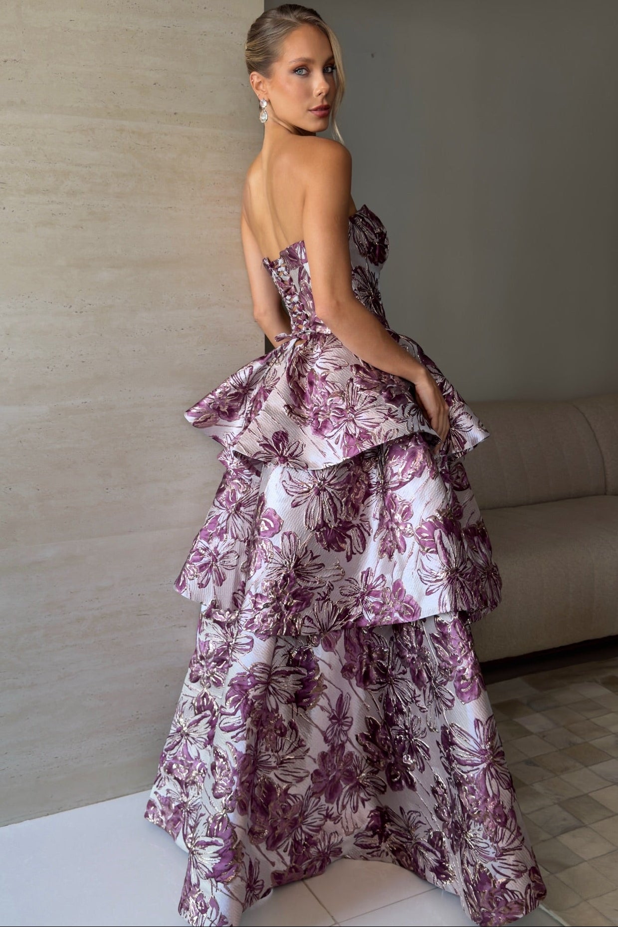 Strapless Tiered Jacquard Ball Gown