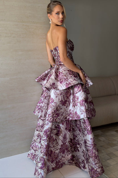 Strapless Tiered Jacquard Ball Gown