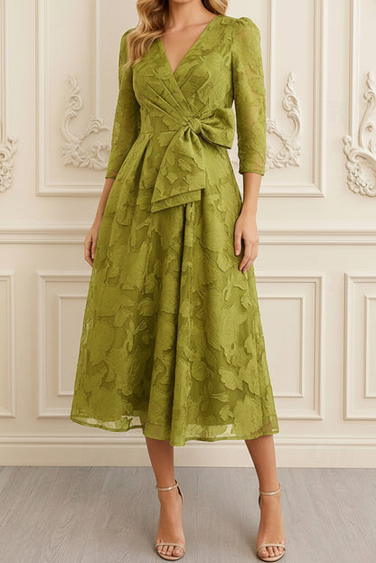 Floral Jacquard Wrap Dress with 3/4 Sleeves & High-Low Hem