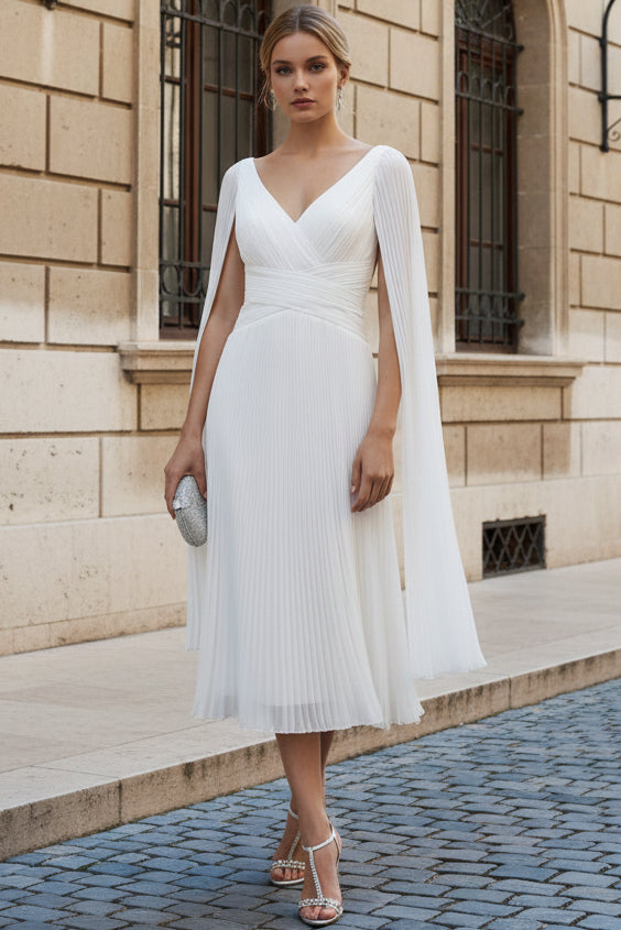 Pleated Cape Sleeve V-Neck Midi Dress