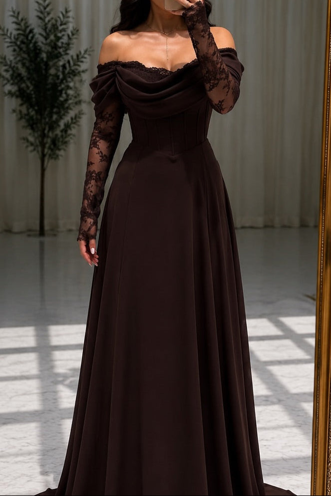 Corset Off-the-Shoulder Lace Long Sleeve Evening Gown