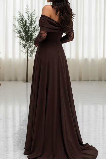 Corset Off-the-Shoulder Lace Long Sleeve Evening Gown