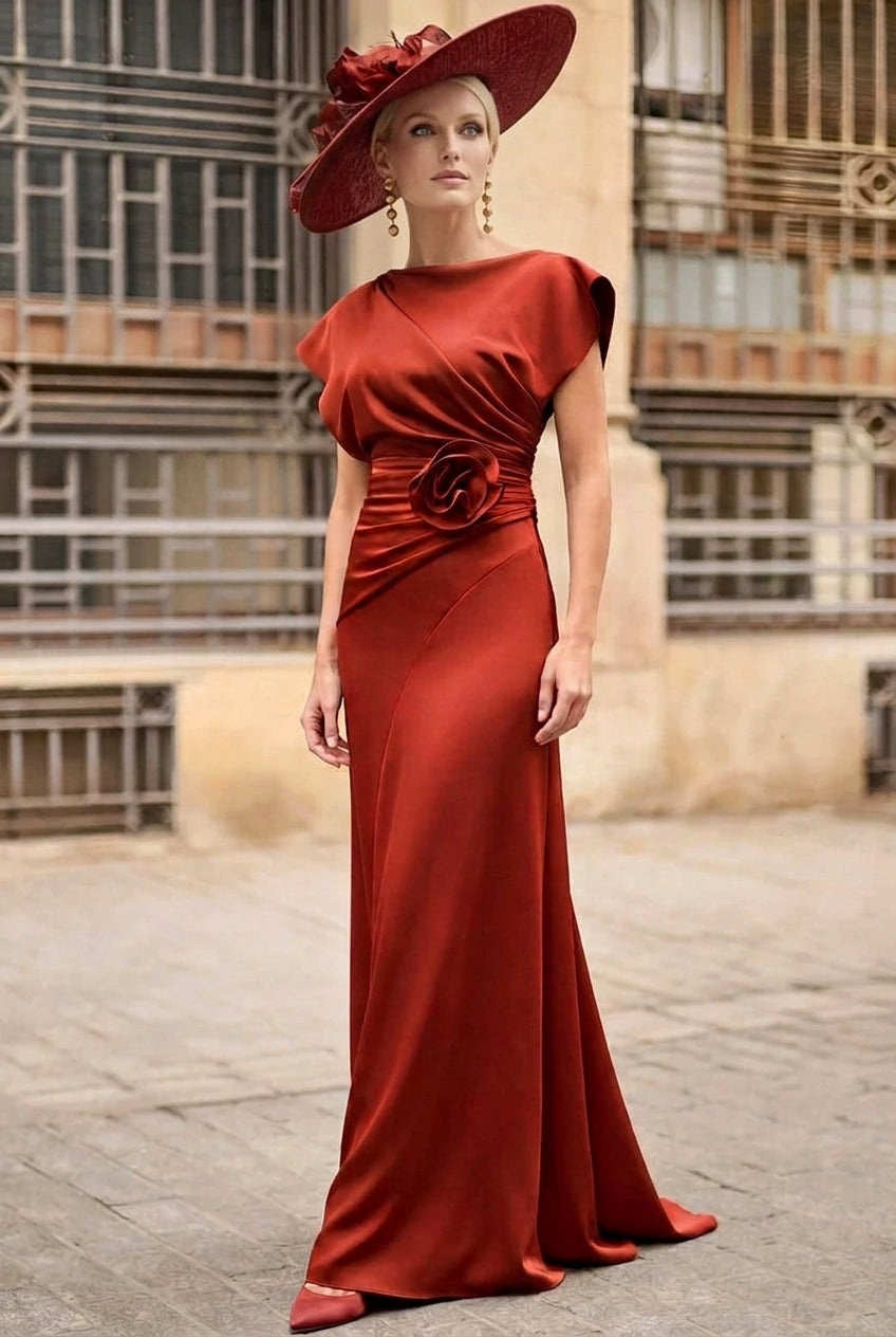 Draped Satin Floor-Length Gown with Rosette