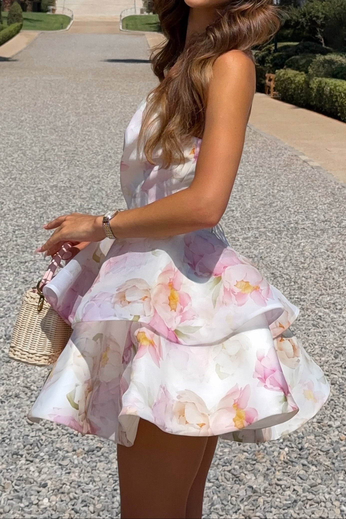 Floral Print Mini Dress with Deep V Neckline & Tiered Skirt