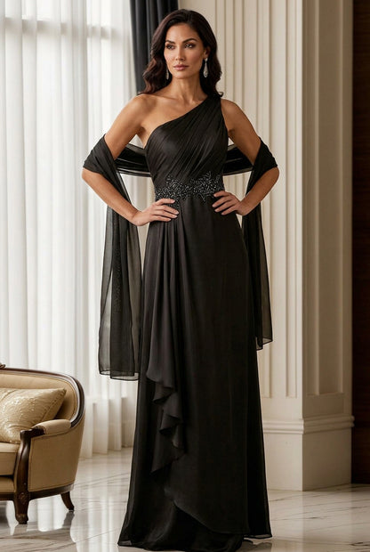 One-Shoulder Pleated Evening Gown with Shawl
