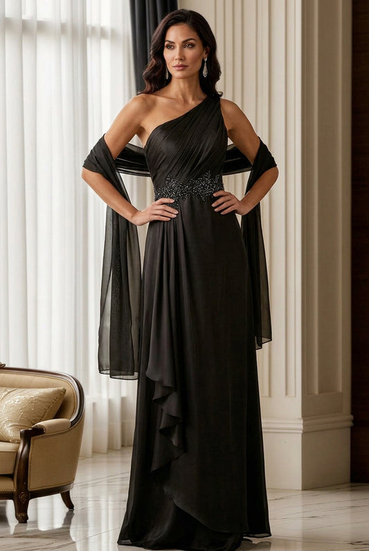 One-Shoulder Pleated Evening Gown with Shawl