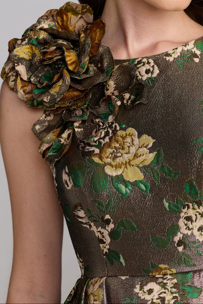 Metallic Floral Jacquard A-Line Evening Gown