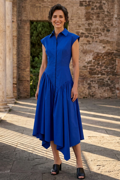 Asymmetric Hem Collared Shirtdress