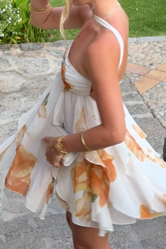 Off-the-Shoulder Floral Chiffon Ruffle Mini Dress