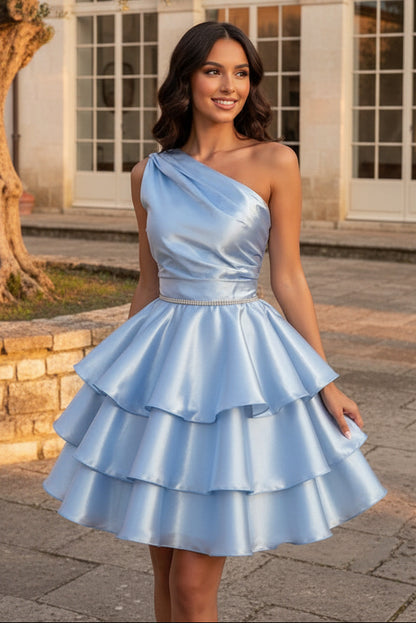 One Shoulder Tiered Satin Mini Party Dress
