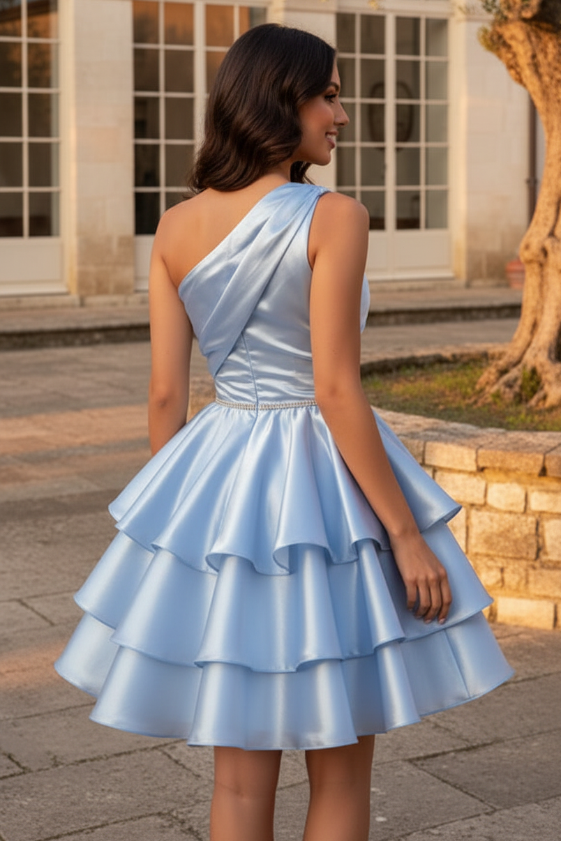 One Shoulder Tiered Satin Mini Party Dress