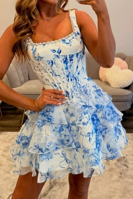 Floral Print Tiered Corset Mini Dress with Pearl Trim