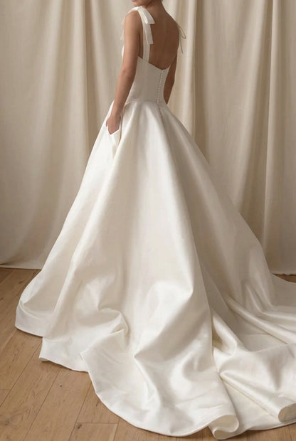 Satin Ball Gown Wedding Dress with Bow Straps