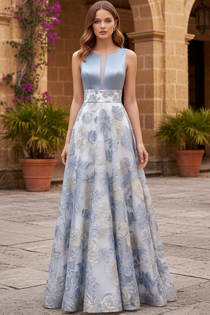 Floral Jacquard A-Line Evening Gown with Satin Bodice