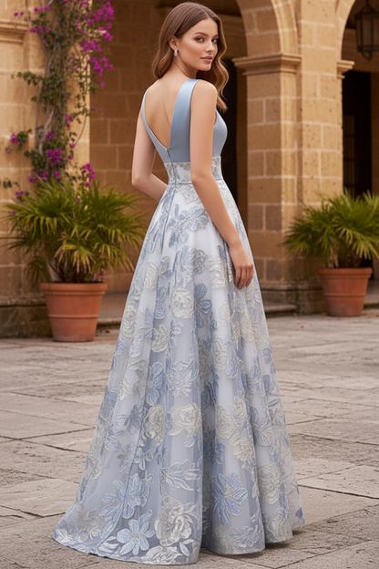 Floral Jacquard A-Line Evening Gown with Satin Bodice