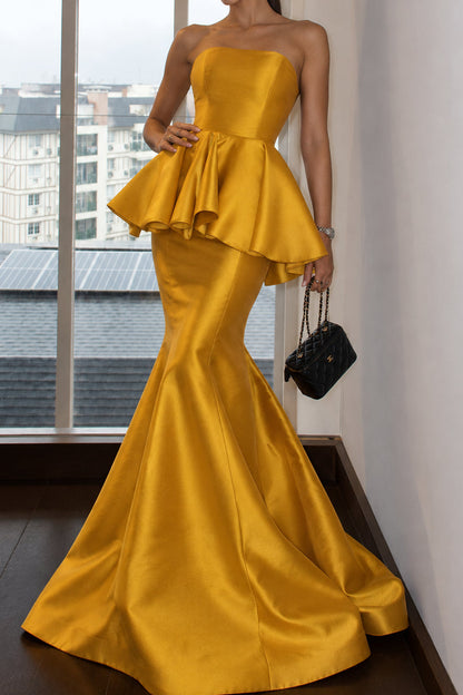 Strapless Peplum Mermaid Evening Gown