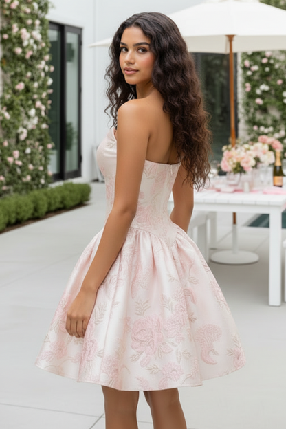 Strapless Floral Jacquard Corset Bubble Mini Dress