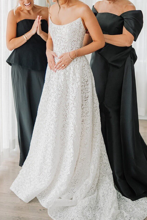 Patterned Lace A-Line Wedding Dress with Tulle Wrap