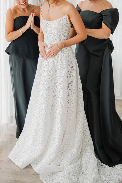 Patterned Lace A-Line Wedding Dress with Tulle Wrap