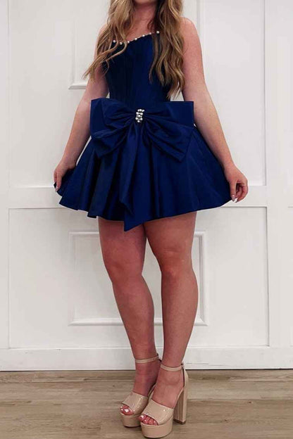 Pearl Trim Corset Mini Dress with Statement Bow
