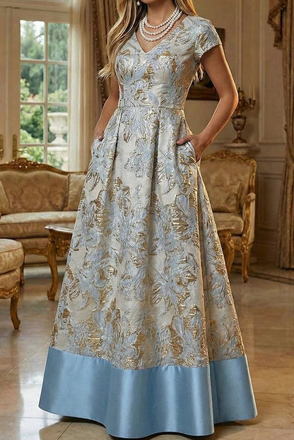 Floral Jacquard A-Line Gown with Pockets