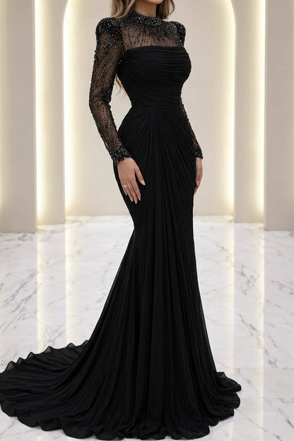 Ruched Long Sleeve Evening Dress with Beaded Illusion Neck