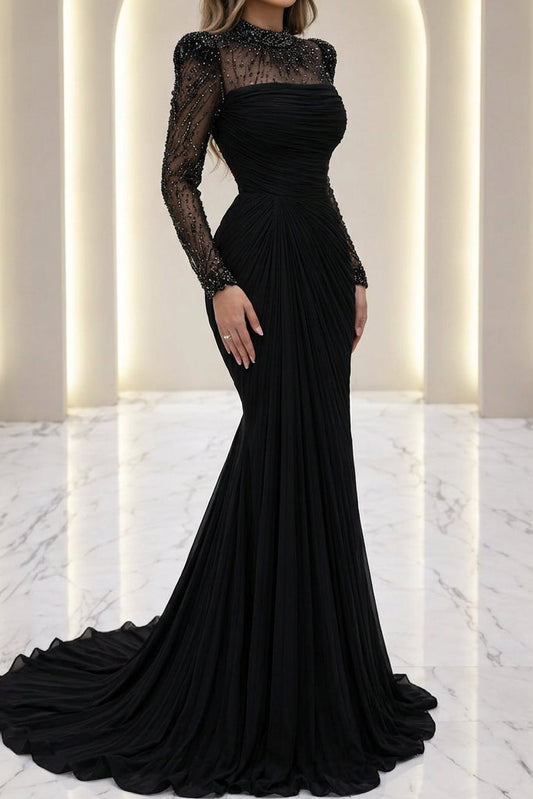 Ruched Long Sleeve Evening Dress with Beaded Illusion Neck