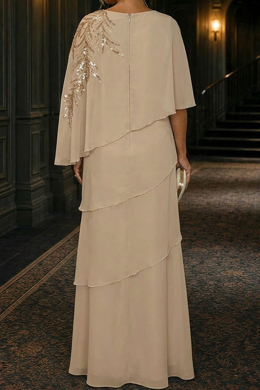 Tiered Capelet Evening Gown with Sequin Accent