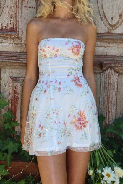 Strapless Floral Embroidered Mini Dress