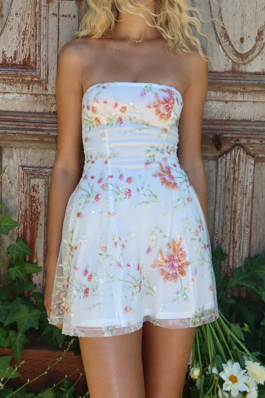 Strapless Floral Embroidered Mini Dress