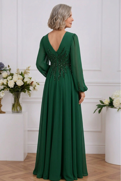 Beaded V-Neck A-Line Gown with Bishop Sleeves