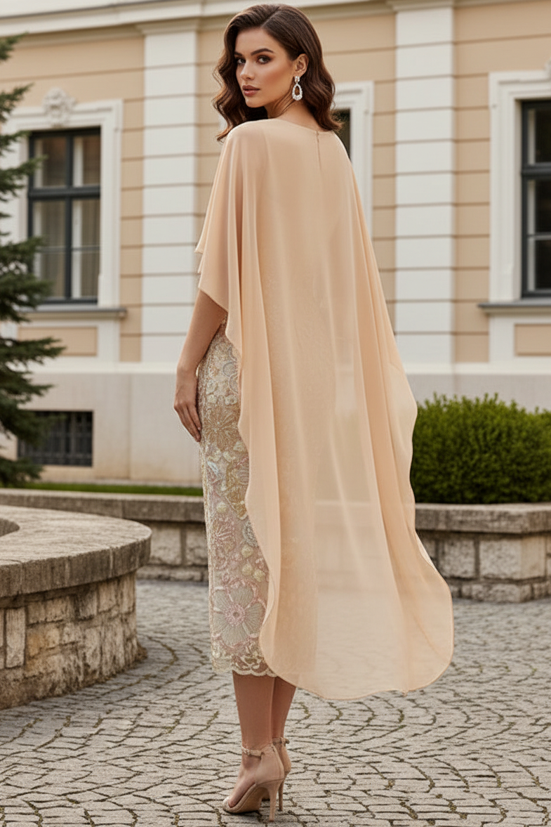 Beaded Midi Dress with Flowing Cape