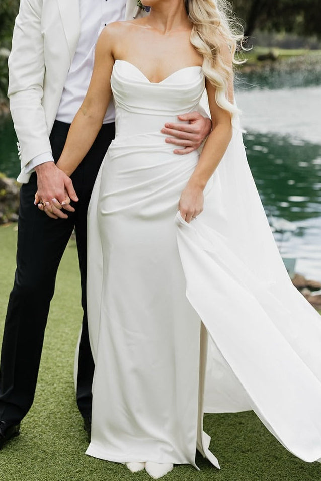 Strapless Sweetheart Satin Dress with Detachable Train