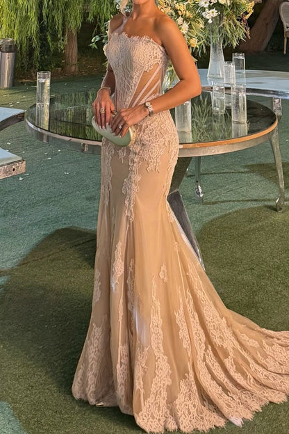 Strapless Lace Mermaid Gown with Corset Bodice