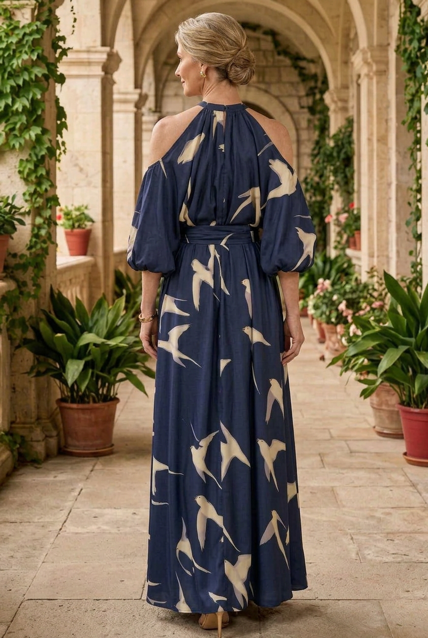 Cold Shoulder Maxi Dress with Bird Print