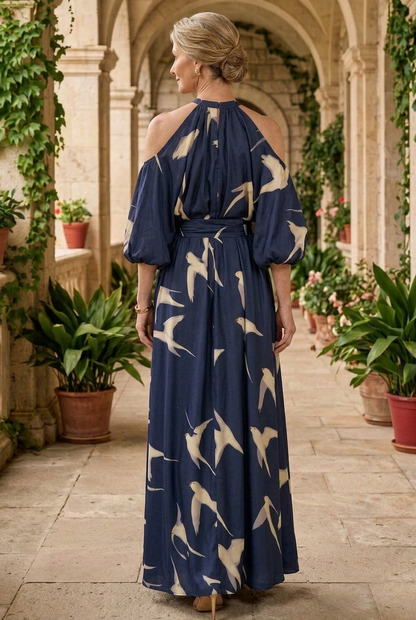 Cold Shoulder Maxi Dress with Bird Print