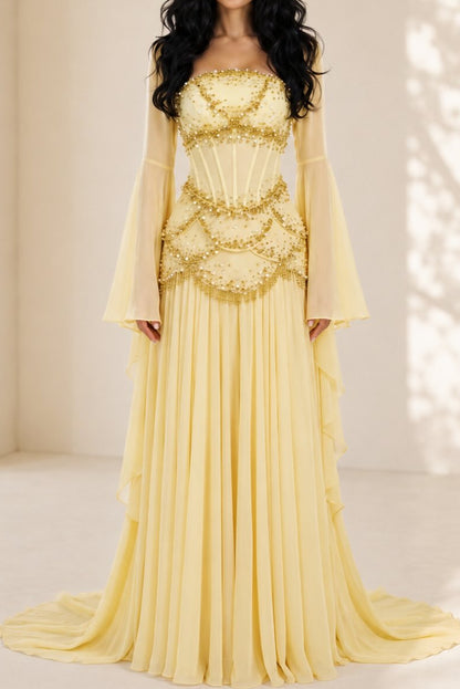 Beaded Corset Pleated Chiffon Gown with Bell Sleeves