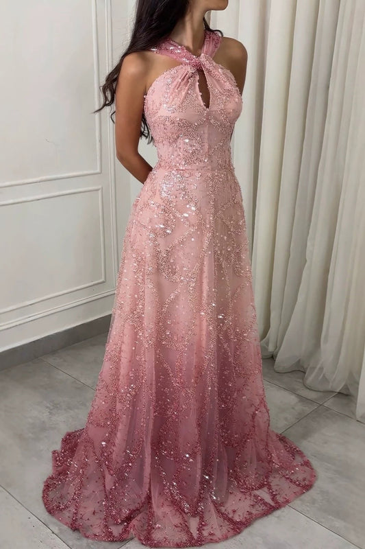 Halter Keyhole Sequin Ombre A-Line Gown