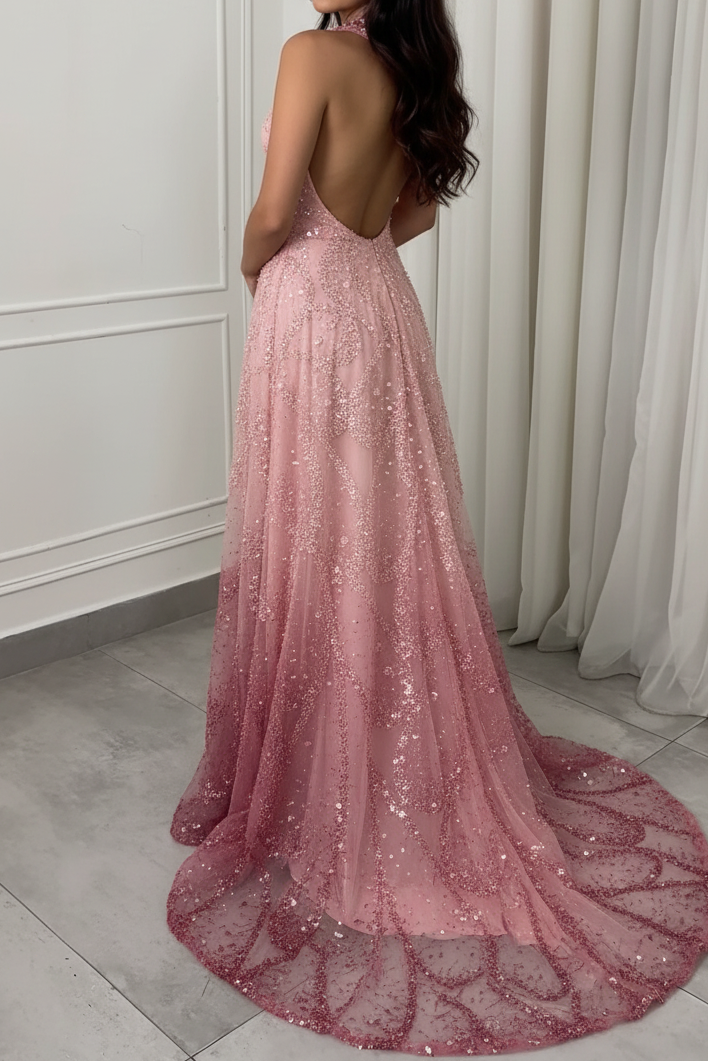 Halter Keyhole Sequin Ombre A-Line Gown