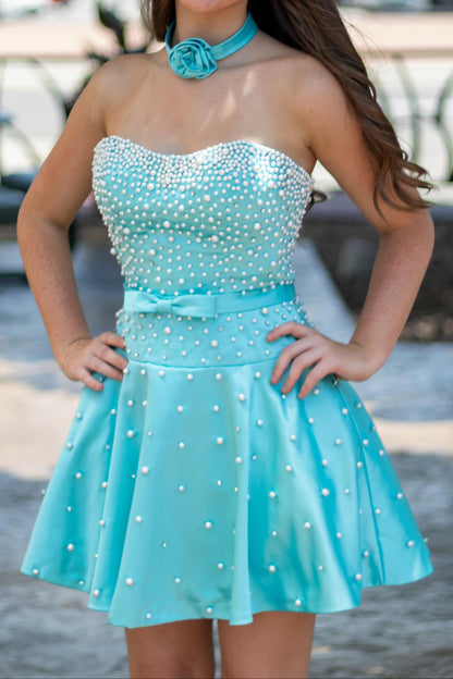 Strapless Sweetheart Pearl Embellished A-Line Mini Dress