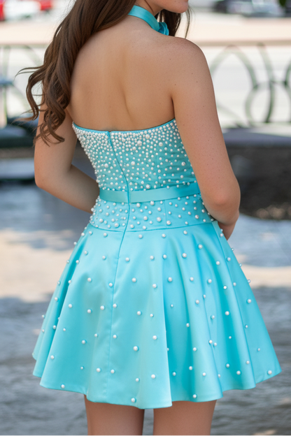 Strapless Sweetheart Pearl Embellished A-Line Mini Dress