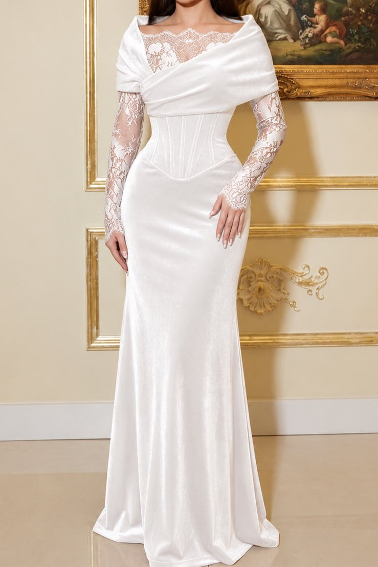 Velvet Corset Evening Gown with Scalloped Lace Inset