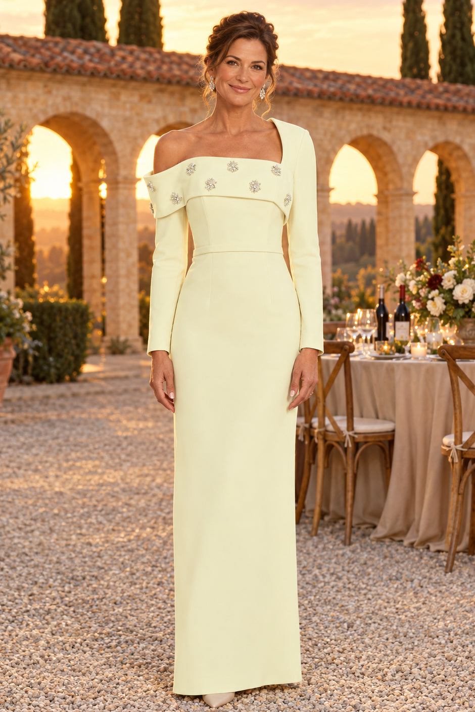 Asymmetrical Embellished Column Gown with Long Sleeves