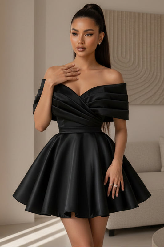 Off-the-Shoulder Pleated Satin Mini Dress